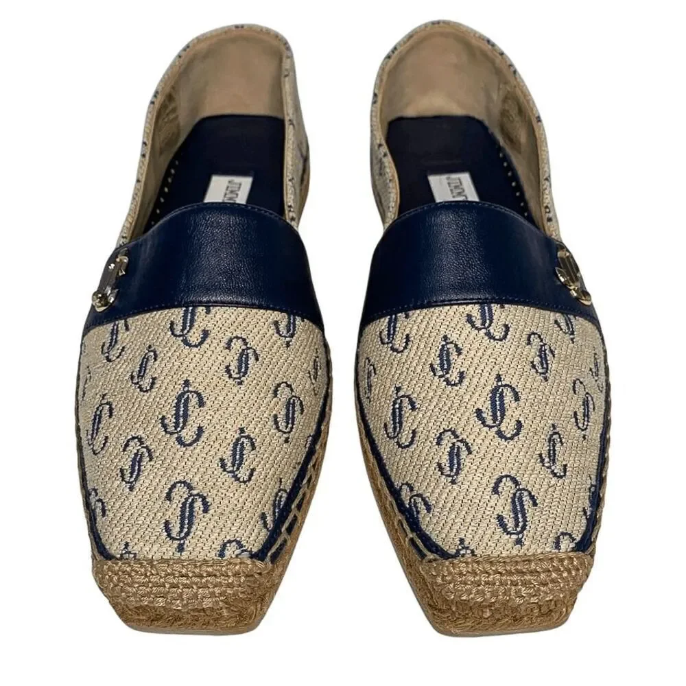 Jimmy Choo Dru Logo-Print Espadrilles EU 36.5 Monogram Canvas/Leather Flats